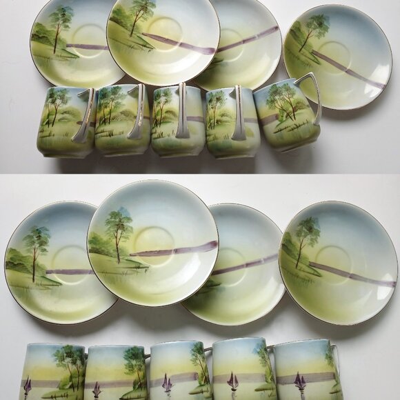 Antique Nippon Cups and Saucers Set: Hand-Painted Japanese Porcelain Landscape - Picture 7 of 9